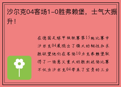 沙尔克04客场1-0胜弗赖堡，士气大振升！